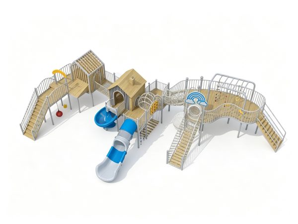Engaging kids playground equipment equipped with a spiral slide, secure climbing stairs, and playhouses for school playground equipment.
