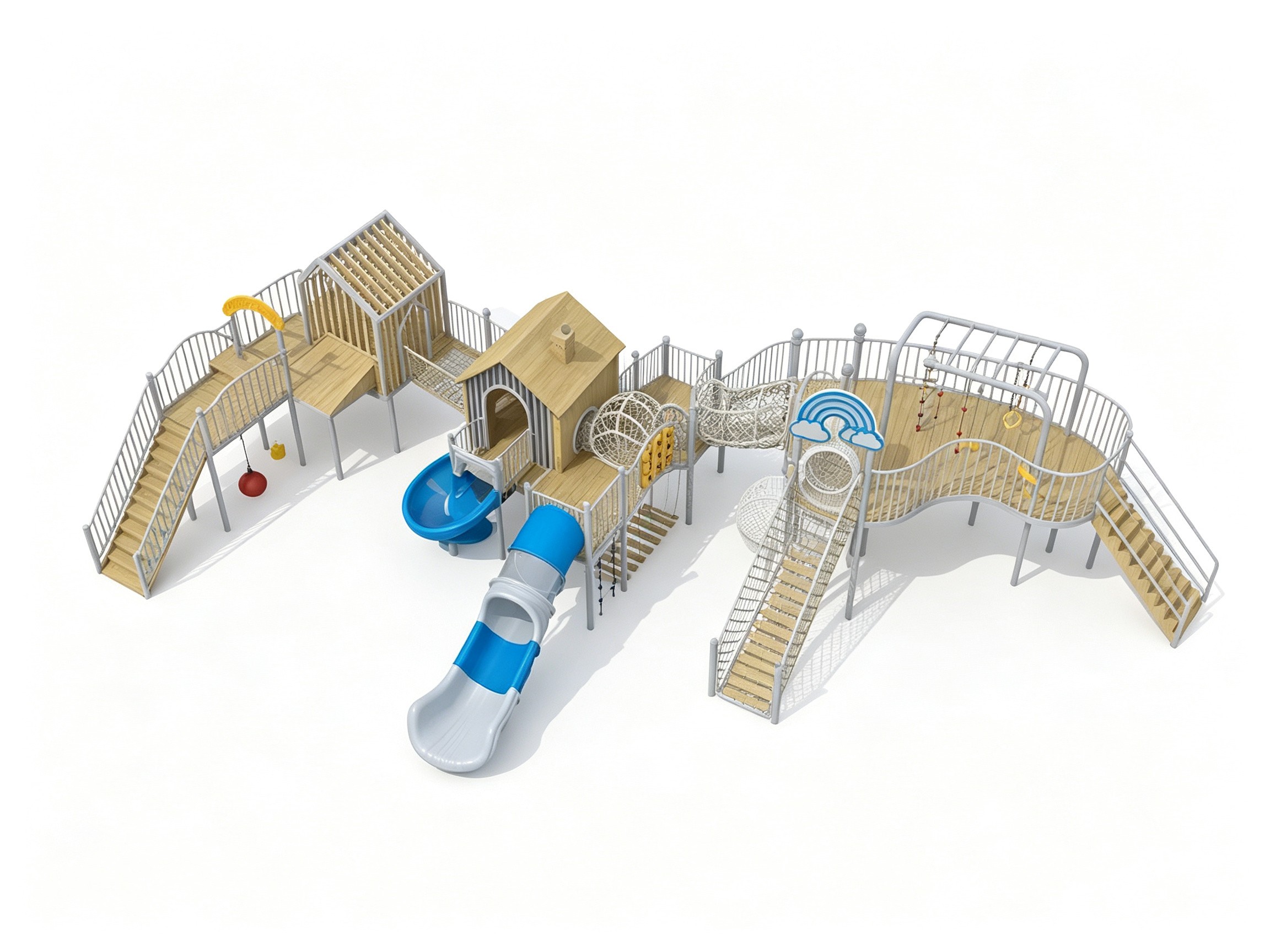 Engaging kids playground equipment equipped with a spiral slide, secure climbing stairs, and playhouses for school playground equipment.