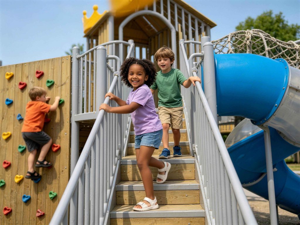 Versatile outdoor playground equipment featuring a fun playground slide, rope tunnels, and wooden structures for active play.