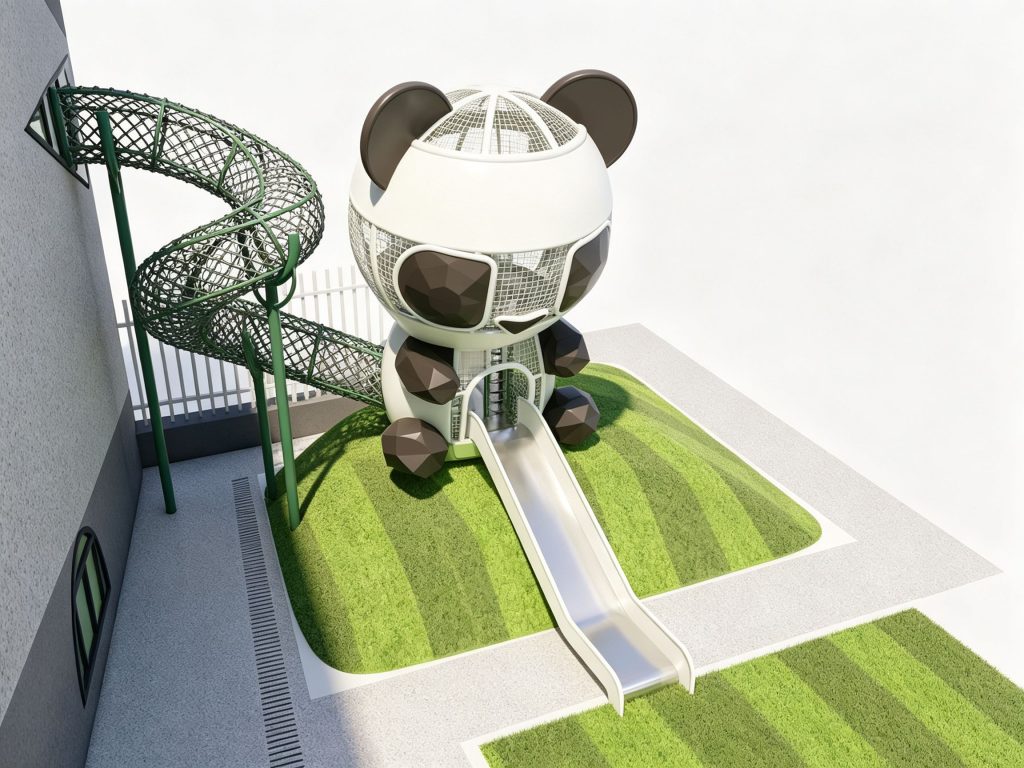 Custom commercial outdoor playground equipment featuring a giant panda-themed climbing structure, a long spiral rope tunnel connected to a building, and a durable stainless steel slide.