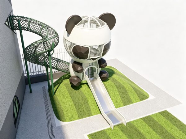 Custom commercial outdoor playground equipment featuring a giant panda-themed climbing structure, a long spiral rope tunnel connected to a building, and a durable stainless steel slide.