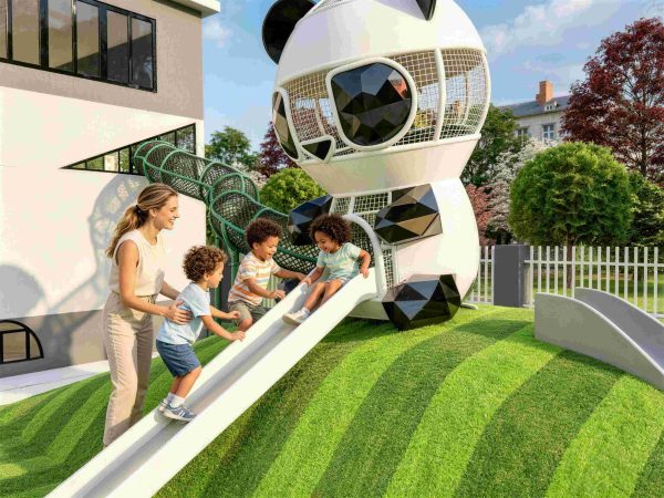 Captivating outdoor play equipment equipped with a secure spiral rope climbing tunnel and an exciting outdoor slide to encourage active kids' play.