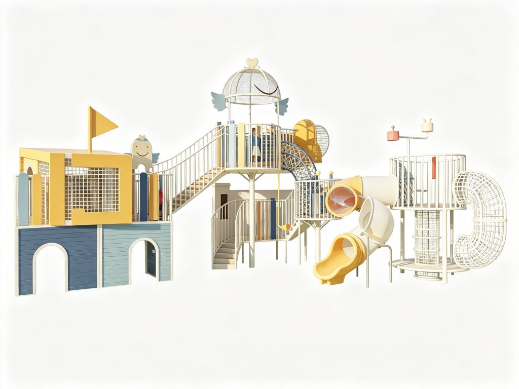 Durable commercial playground equipment featuring a pastel-themed playhouse, spiral tube slides, and rope climbing tunnels for community parks and indoor play centers.