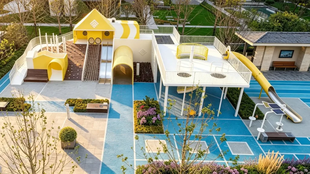 Inclusive playground equipment with accessible routes and safety surfacing