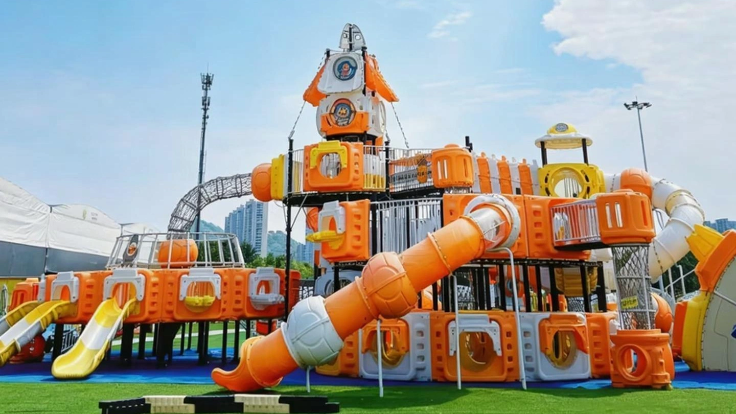A large orange space-themed outdoor children's playground featuring multi-level climbing frames, spiral slides, tube tunnels, and space-capsule-shaped observation decks. It sits on blue and green safety mats, with city high-rises and a clear sky in the background.