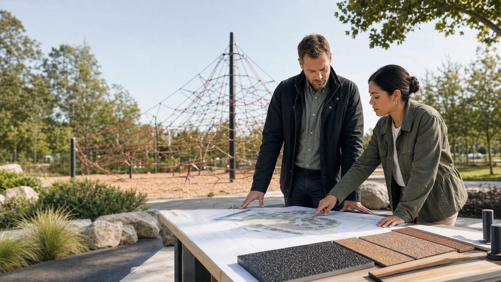 Landscape architects reviewing a rope playground project site plan beside a rope climbing structure