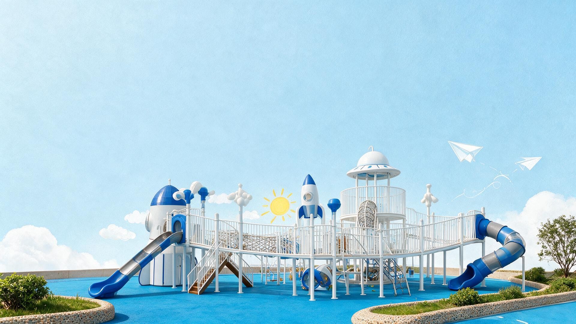 Commercial playground with several freestanding play structures arranged around an accessible circulation route.