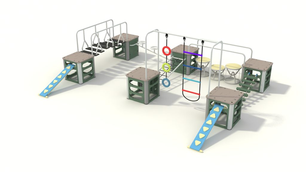 Commercial heavy-duty play equipment featuring modular structural cubic blocks, galvanized steel overhead bars, and suspension balance paths.