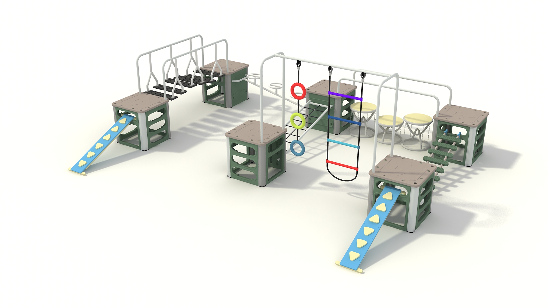 Commercial heavy-duty play equipment featuring modular structural cubic blocks, galvanized steel overhead bars, and suspension balance paths.