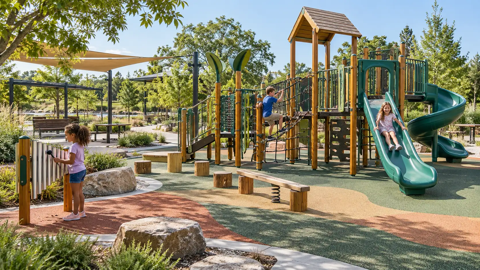 Children using a zoned outdoor playground with play systems, musical instruments and accessible routes