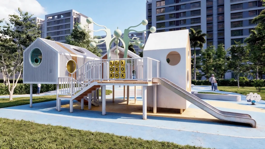 White play structures with mint-green and yellow details, a silver slide, and blue-and-yellow surfacing